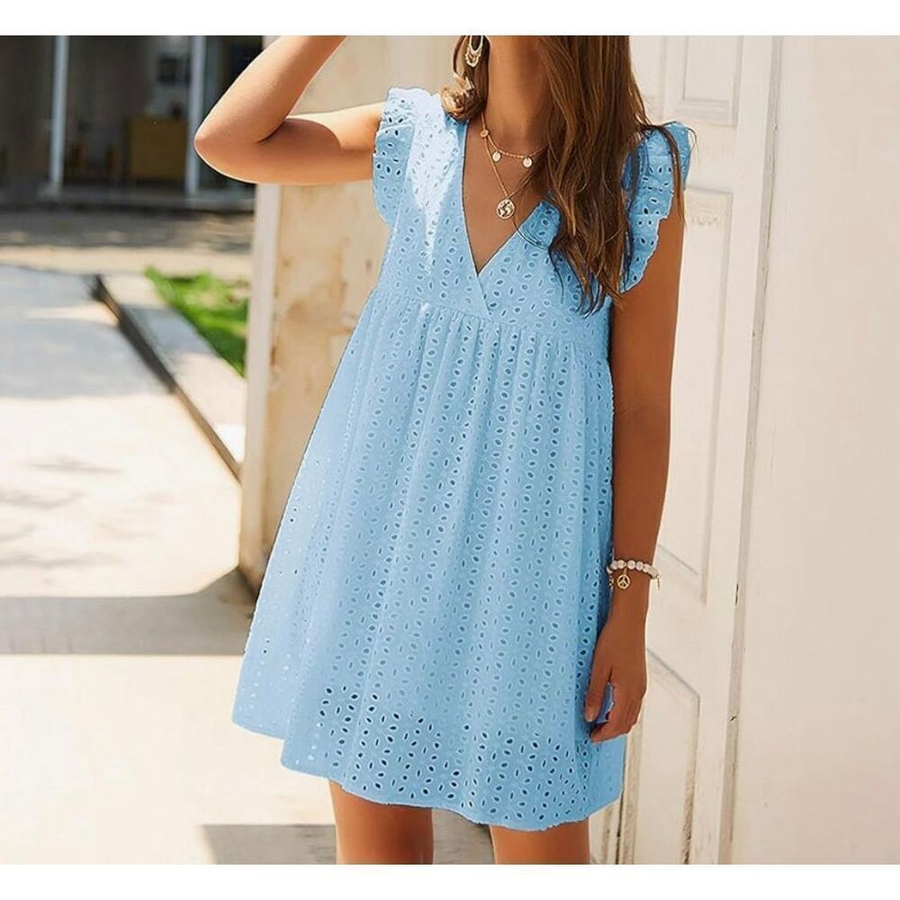 Womens Blue Ruffle Mini Sleeveless Wrap V Neck Babydoll Dress Sz XL